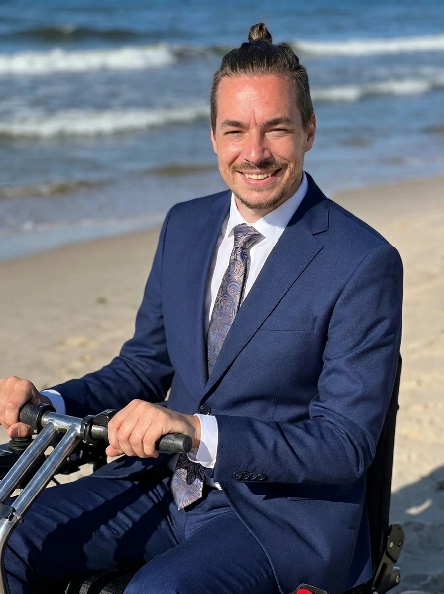 Erik Lorenscheit sitzt im dunkelblauen Anzug am Sandstrand und lacht, die Hände am Lenker, hinter ihm das Meer.